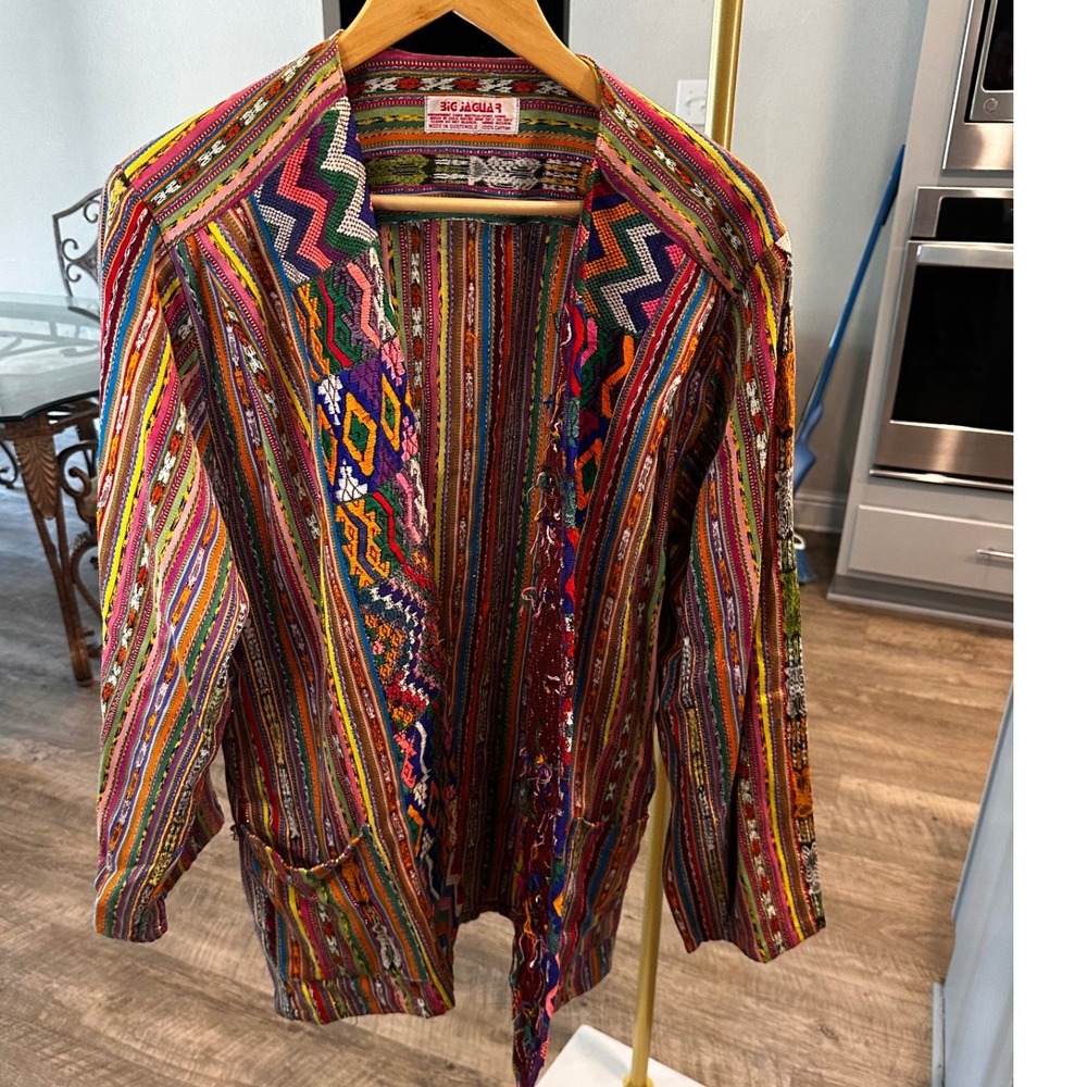 Big Jaguar Mens Hand Woven Cotton Jacket Multi Color Stripe Geometric Guatemala